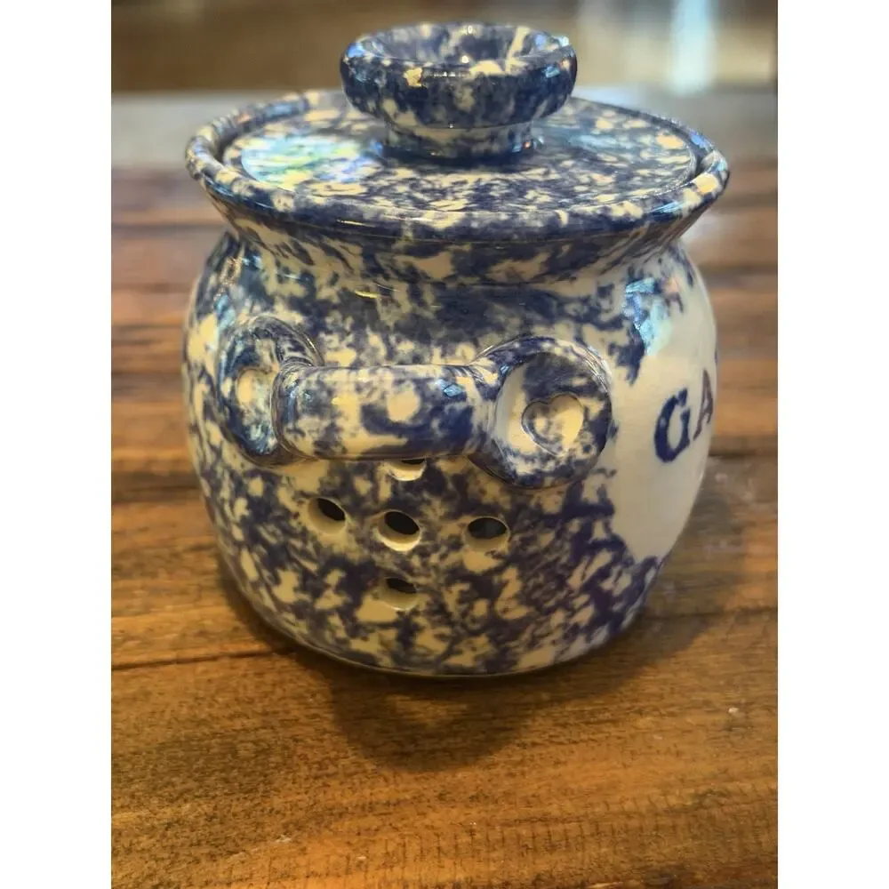 Vintage Hand Made Stoneware GARLIC KEEPER Jar Blue White Artist Signed 3820/68